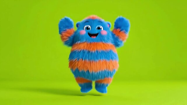 Adorable fuzzy blue and orange striped 3d monster character happily jumping against a bright green background