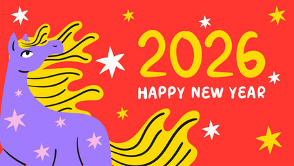 Obraz premium Colorful Chinese New Year of the horse 2026 banner. Hand drawn bright poster. Doodle style flat vector illustration.