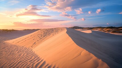 Sand dunes at sunset with soft pink clouds beach