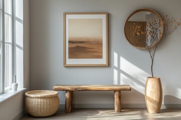 Minimalistic interior with a wooden framed poster on a white wall, a round mirror, and wooden furniture against a gray background, Generative AI