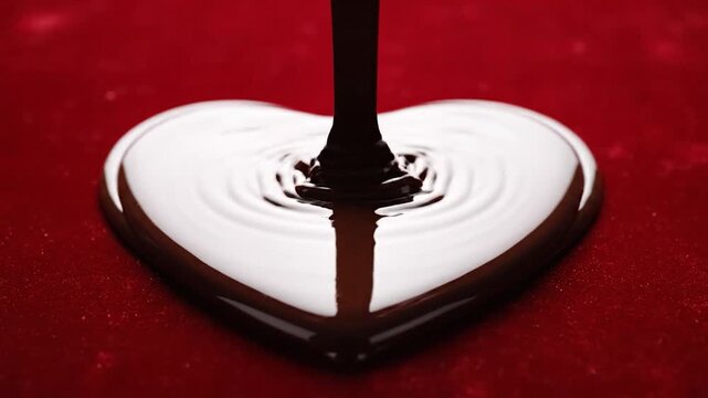 Dark liquid chocolate flows into a shiny heart shape on red textured surface