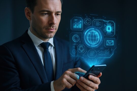 Business professional interacting with digital graphs and global data on smartphone in a modern office setting - Powered by Adobe