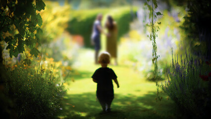 Little steps into the future A child's journey down a vibrant garden path towards parental love