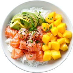 Poke bowl with salmon avocado and mango on white rice