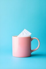 Pink ceramic mug with white tea bag on blue background 1