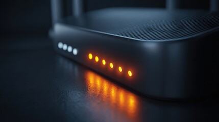 Closeup medium shot of a sleek IoT router with indicator lights active symbolizing advanced technology managing multiple smart devices efficiently.