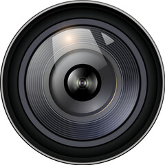Lens camera isolated, front view with reflections in glass, realistic 3D icon.