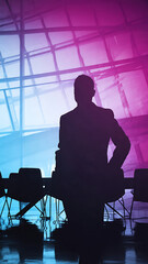 Silhouette of a professional contemplating future strategies within a vibrant, abstract modern architectural space