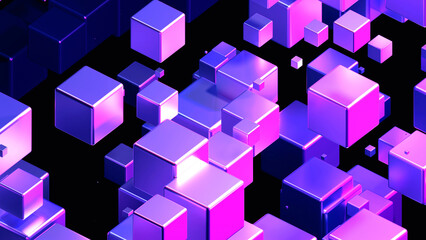 Neon glowing cubes in space, 3D technological background with purple and blue cubes on black background, digital cybernetic background.