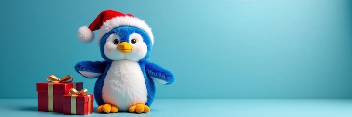 Blu plush penguin wearing Santa hat with Christmas gifts on blue background, banner with copy space right    