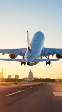Passenger airplane lifting off a runway at golden hour, city skyline in background