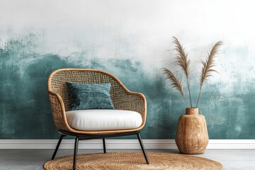 Living room interior with a seat and commode, mockup frame for customizable design, Generative AI