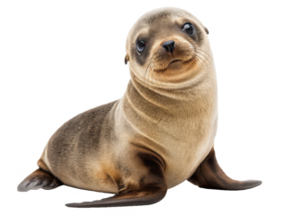 Adorable, young California sea lion with sleek, wet fur and large, expressive eyes is depicted in a relaxed, slightly tilted head pose against a bright, neutral, isolated on transparent background.