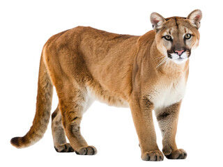 Obraz premium A majestic, powerfully built adult cougar with short, dense tawny fur and piercing yellow-green eyes stands in a confident, alert pose against a stark white, isolated on transparent background.