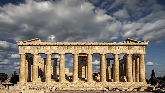 Majestic ancient temple ruins with classical columns under a cloudy sky
