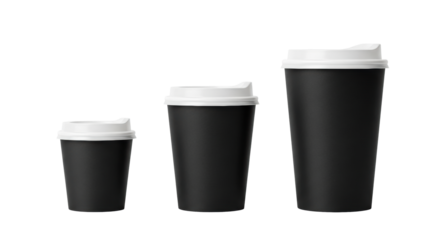 three pristine blank matte black paper coffee cups in size progression, with white translucent lids, isolated on a pure high-key white background with copy space. concept for commercial mockup display