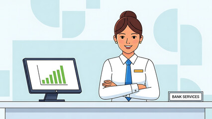 Smiling professional bank employee illustration ready to assist customers with financial services, showcasing business growth and expert guidance in a modern banking environment