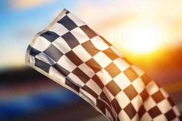 Fototapeta premium Checkered flag waving on a racing track at sunset, celebrating victory and the thrill of motorsports