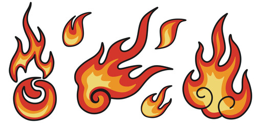 Set of Oriental Flame and Fire Vector Illustrations in Cartoon Style