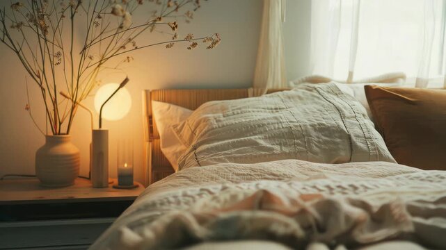 This depicts a serene bedroom setting featuring a neatly made bed with soft bedding and pillows. The room is dimly lit by a table lamp, creating an inviting ambiance.