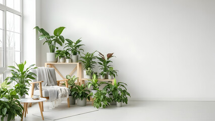 Fototapeta premium Indoor plants arrangement in a bright, minimalist interior.