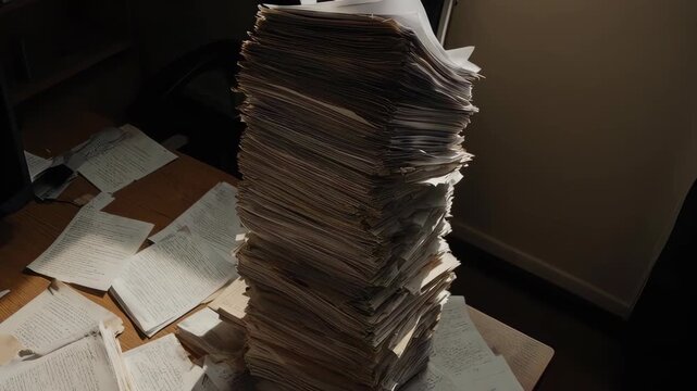Huge stack of documents on a cluttered wooden desk with scattered papers, dim light