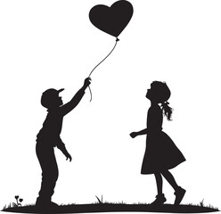 Innocent Childhood Love Silhouette of Boy and Girl Reaching for Heart Balloon in Grassy Field
