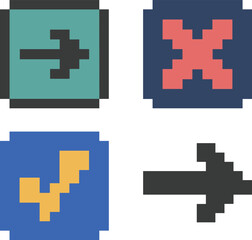 Fototapeta premium Pixel art arrow and symbol icons set with check mark cross and directional arrows retro game style interface elements