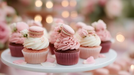 A charming dessert table adorned with pink cupcakes topped with creamy swirls and delicate macarons. Soft lighting creates a warm, inviting atmosphere, ideal for any festive gathering