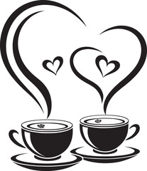 Elegant Coffee Cup Silhouettes with Decorative Heart Steam and Floating Hearts Illustration