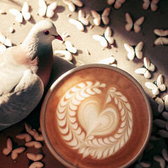 Milky Coffee Background with Dove Bird, Latte Art Swirls and Butterfly Border