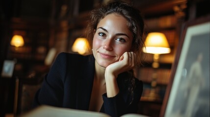 Jeune femme souriante travaillant sur ordinateur dans un caf&eacute; chaleureux