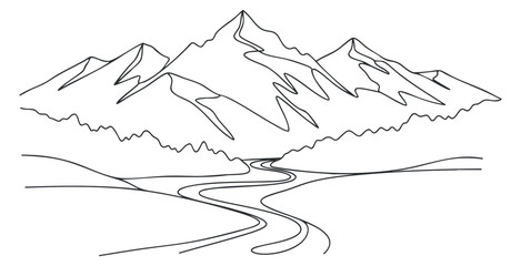 Fototapeta premium A minimalist outline illustration of mountains with a winding road in black and white vector style, ideal for travel and outdoor design projects
