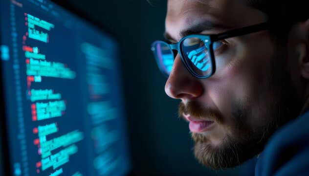 Closeup of a man with glasses staring at a computer screen, lines of code reflecting in his eyes 