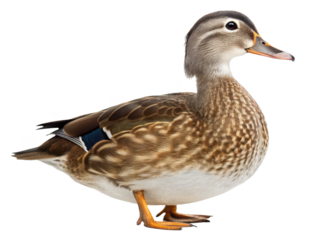 Beautifully detailed female Mandarin duck with intricately patterned brown and white plumage, featuring a sleek head and vibrant orange beak, stands in a relaxed, isolated on transparent background.