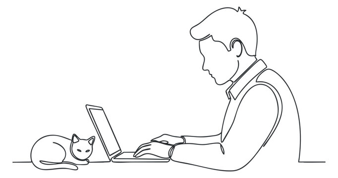 A man working on a laptop with a cat sitting beside him in minimalist line art vector style, ideal for lifestyle illustrations