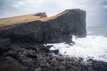view of the coast called Valahnukamol in the Reykjanes Peninsula during a cloudy day