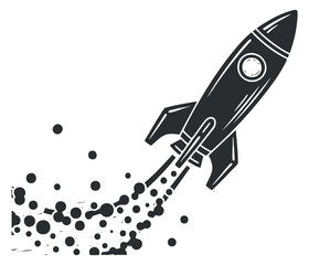 A rocket launching into space with smoke and particles in black and white vector style, ideal for technology and innovation themes