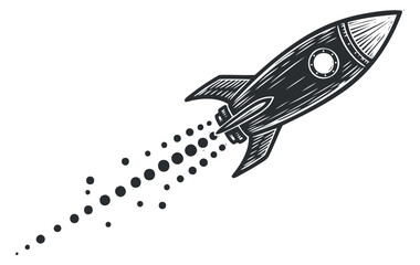 A rocket launching with trails of smoke in black and white sketch vector style, perfect for technology and exploration themes