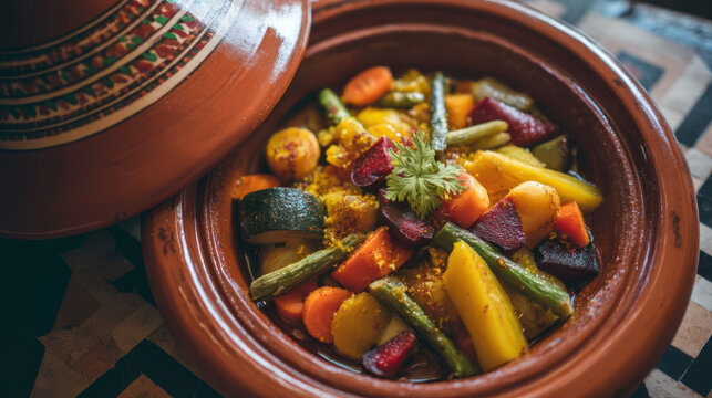 Traditional Moroccan vegetable tagine in a glazed clay pot, colorful seasonal vegetables slow-cooked with spices