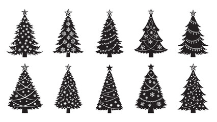 Collection of Christmas trees with festive decorations and snow effect on isolated transparent background