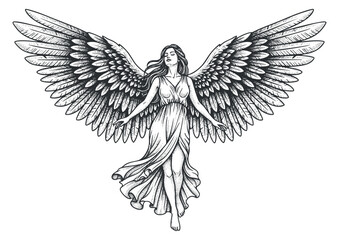 Fototapeta premium A graceful angel with large wings and flowing gown in detailed vintage illustration style, perfect for spiritual and fantasy themes