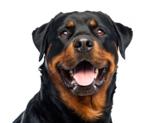Majestic and alert Rottweiler dog with a short, dense black coat and distinctive rust-colored markings, displaying an open-mouthed, happy expression with a, isolated on transparent background.
