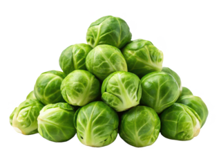 Vibrant, fresh, and tightly packed miniature green cabbages, resembling small leafy spheres, are artfully piled together in a conical arrangement under bright,, isolated on transparent background.