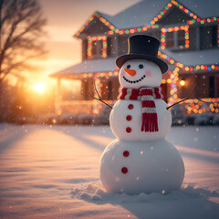 Cheerful Snowman in Festive Front Yard at Sunset