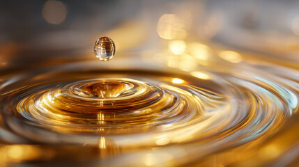 A golden drop of oil creates glowing ripples on the surface of the liquid, the movement of the liquid
