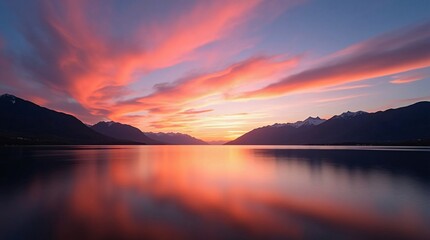 Vibrant pink/orange clouds streak the sky, mirrored perfectly on a calm lake. Snow-capped mountains frame the horizon, creating a serene, vivid natural scene.
