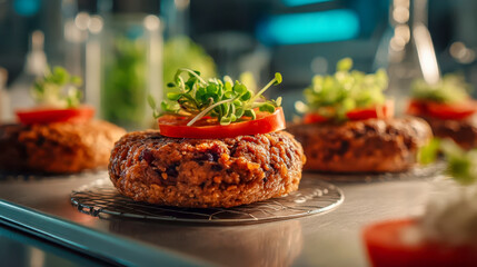 Plant-based meat patties with microgreens and tomato slices on a stainless steel surface, a source of protein