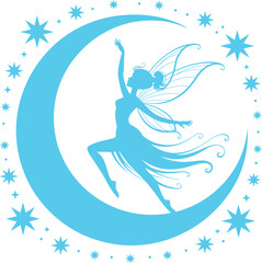 Fairy silhouette on crescent moon, magical fantasy illustration, stars, night sky, mystical fairy tale, blue vector art