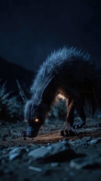 Legendary Chupacabra with Glowing Eyes and Spiny Back at Night
